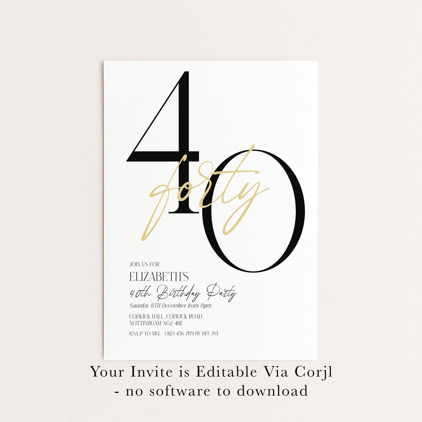 40th Birthday Invitation, Minimalist Forty Party Invite, Editable Template Printable Digital Download
