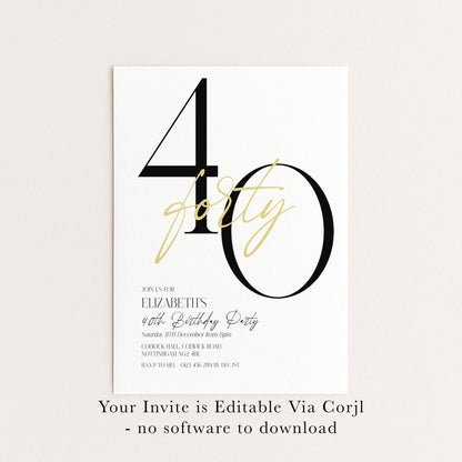40th Birthday Invitation, Minimalist Forty Party Invite, Editable Template Printable Digital Download