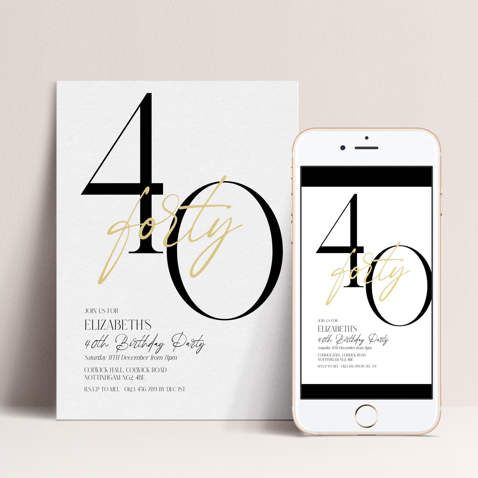 40th Birthday Invitation, Minimalist Forty Party Invite, Editable Template Printable Digital Download