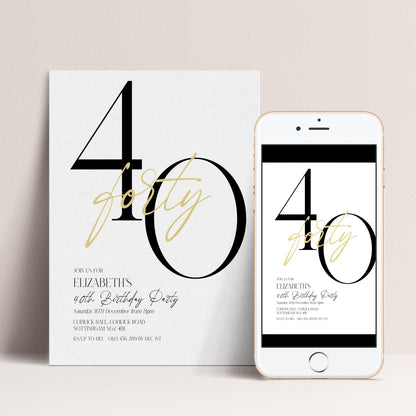 40th Birthday Invitation, Minimalist Forty Party Invite, Editable Template Printable Digital Download