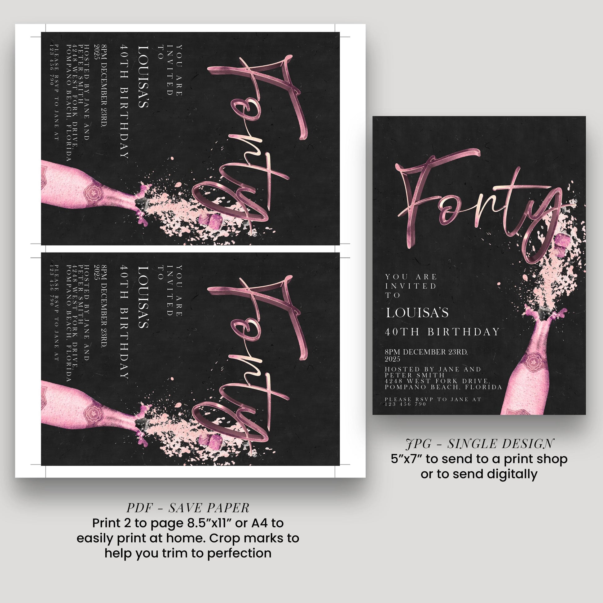 The image is a birthday invitation for Louisa's 40th birthday. It features a pink champagne bottle and the word "Fifty" written in pink. The invitation includes details about the event, such as the date, time, location, and RSVP information.