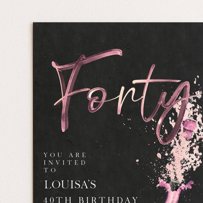 The image is a birthday invitation for Louisa's 40th birthday, featuring the word "Fifty" in a stylized font and pink splatter effects.
