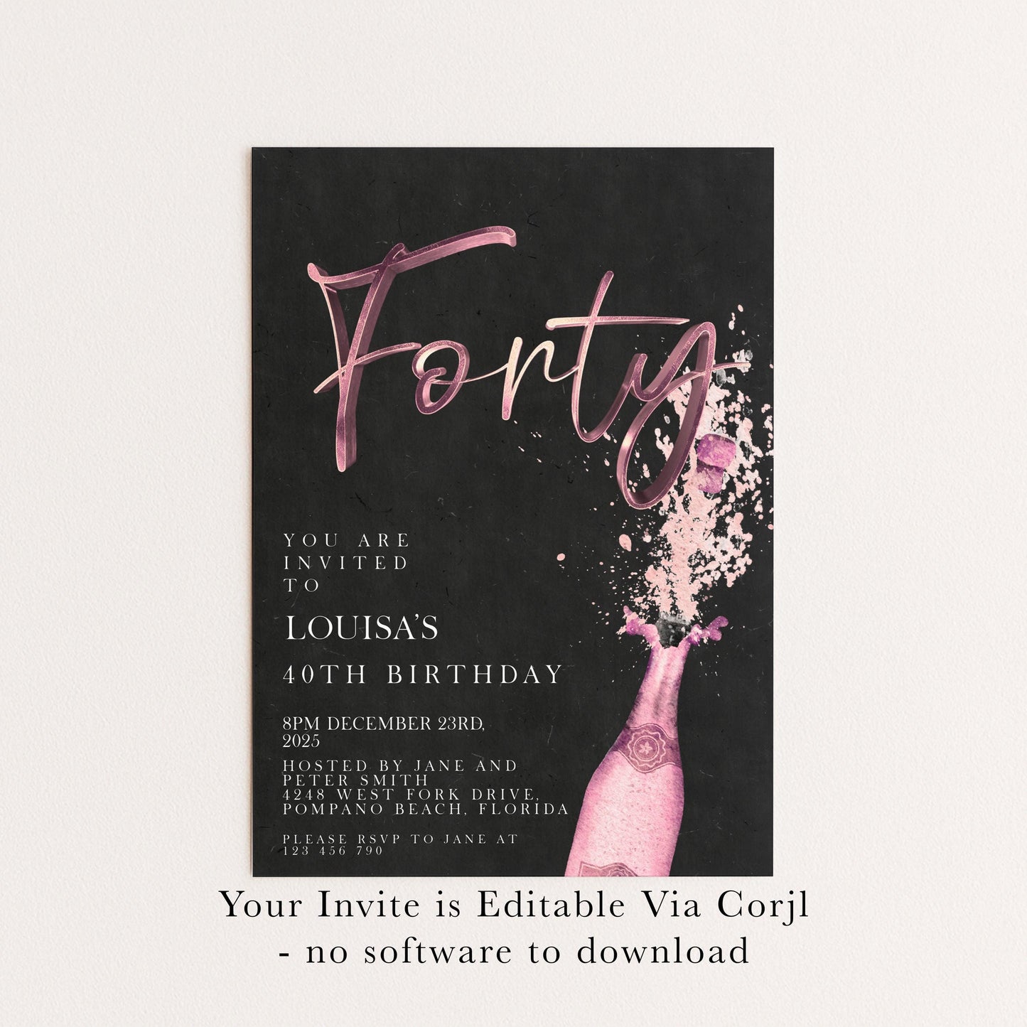 The image is a birthday invitation for Louisa's 40th birthday. It features a pink champagne bottle with a sparkler, and the text invites guests to a party on December 23rd, 2023. The invitation is available for download, and it does not require any software to be printed.