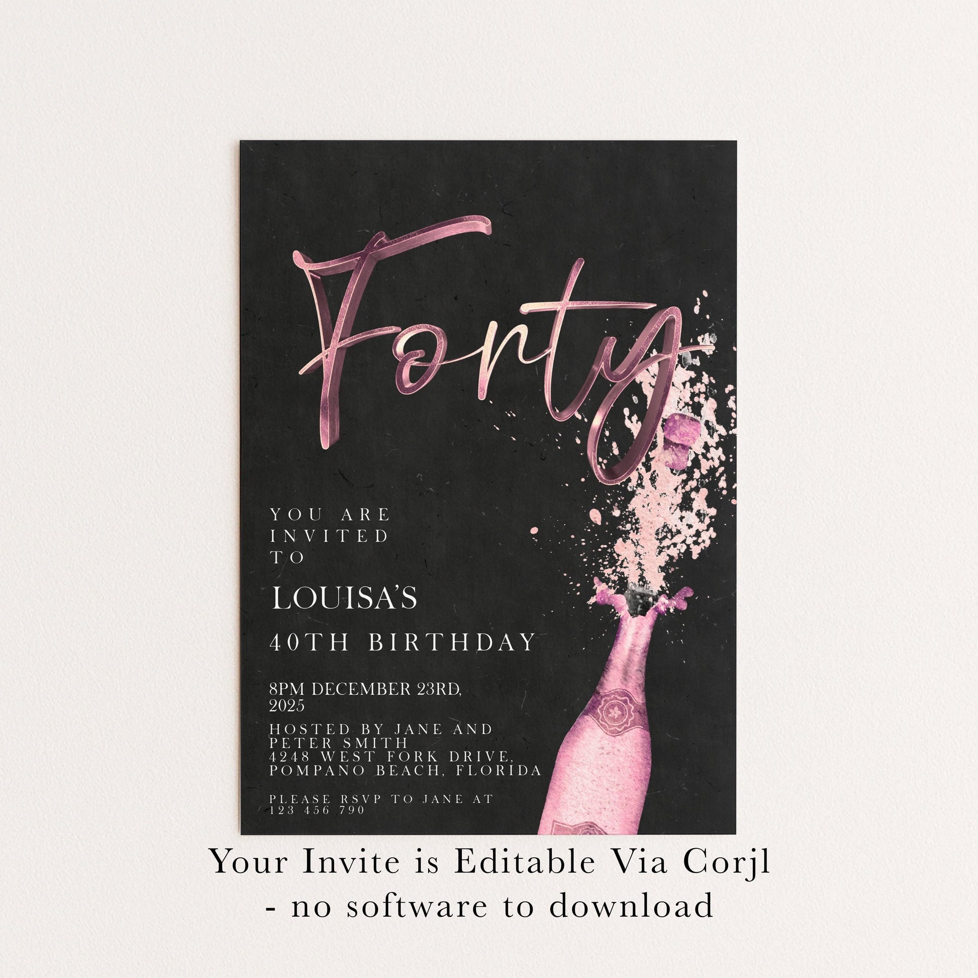 The image is a birthday invitation for Louisa's 40th birthday. It features a pink champagne bottle with a sparkler, and the text invites guests to a party on December 23rd, 2023. The invitation is available for download, and it does not require any software to be printed.