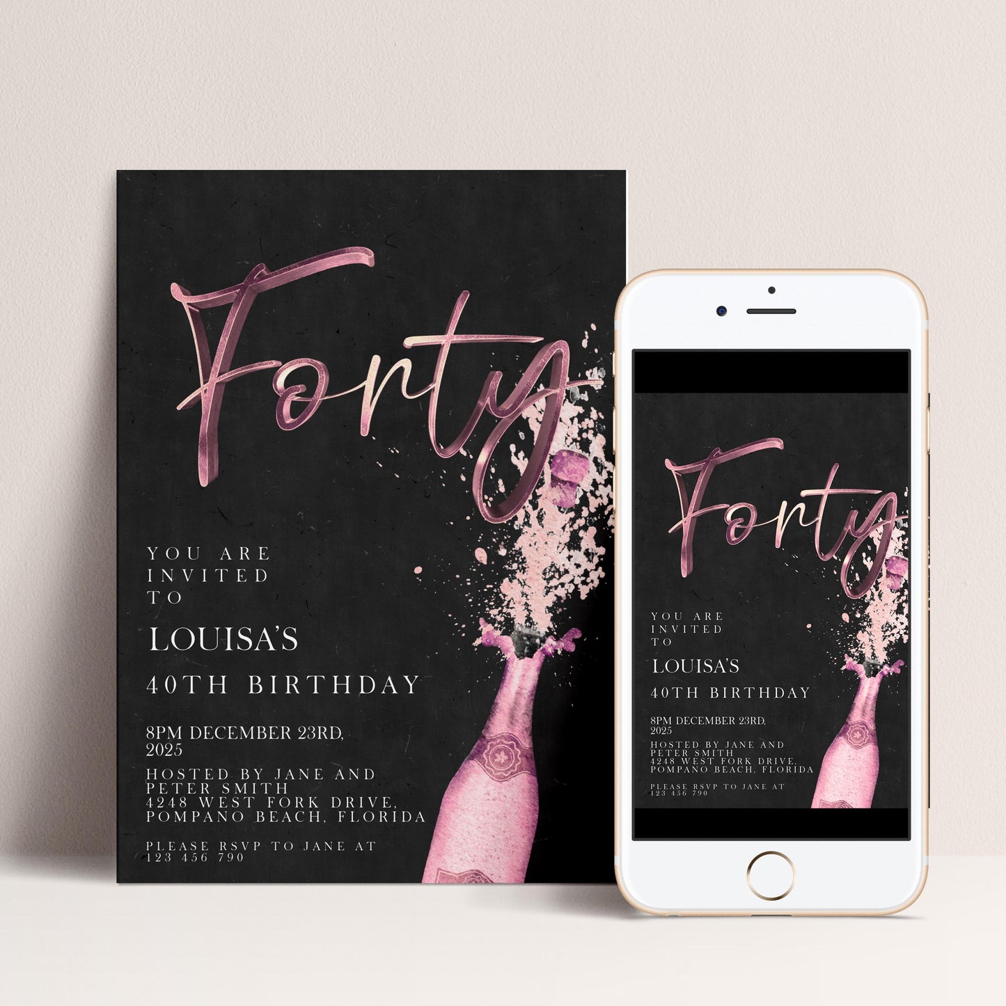 The image is a birthday party invitation for Louisa's 40th birthday. It features a black background with pink text and illustrations of champagne bottles. The invitation includes details about the event, such as the date, time, location, and hosts.