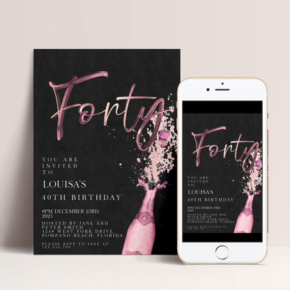 The image is a birthday party invitation for Louisa's 40th birthday. It features a black background with pink text and illustrations of champagne bottles. The invitation includes details about the event, such as the date, time, location, and hosts.