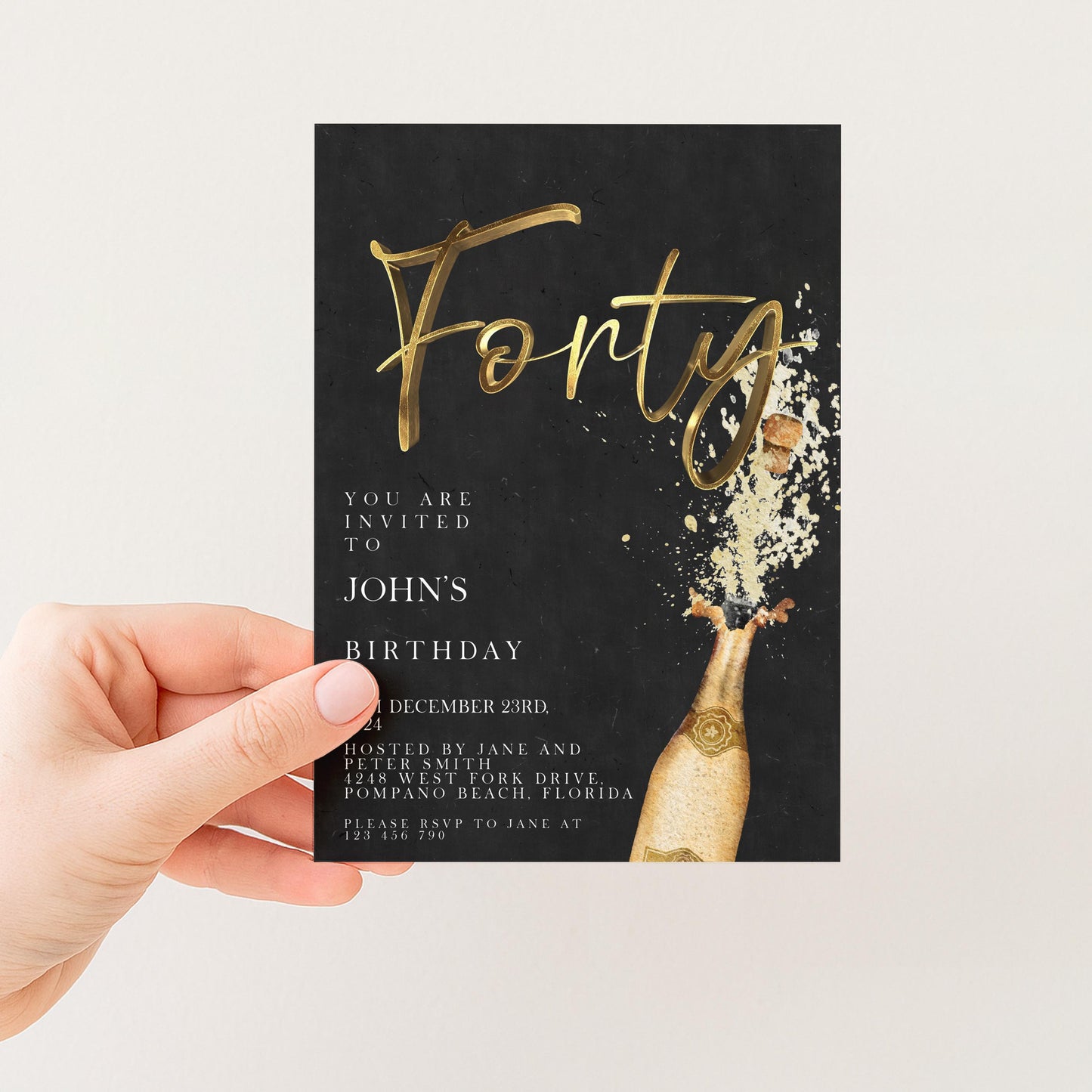 The image is a birthday invitation card for John's 40th birthday.