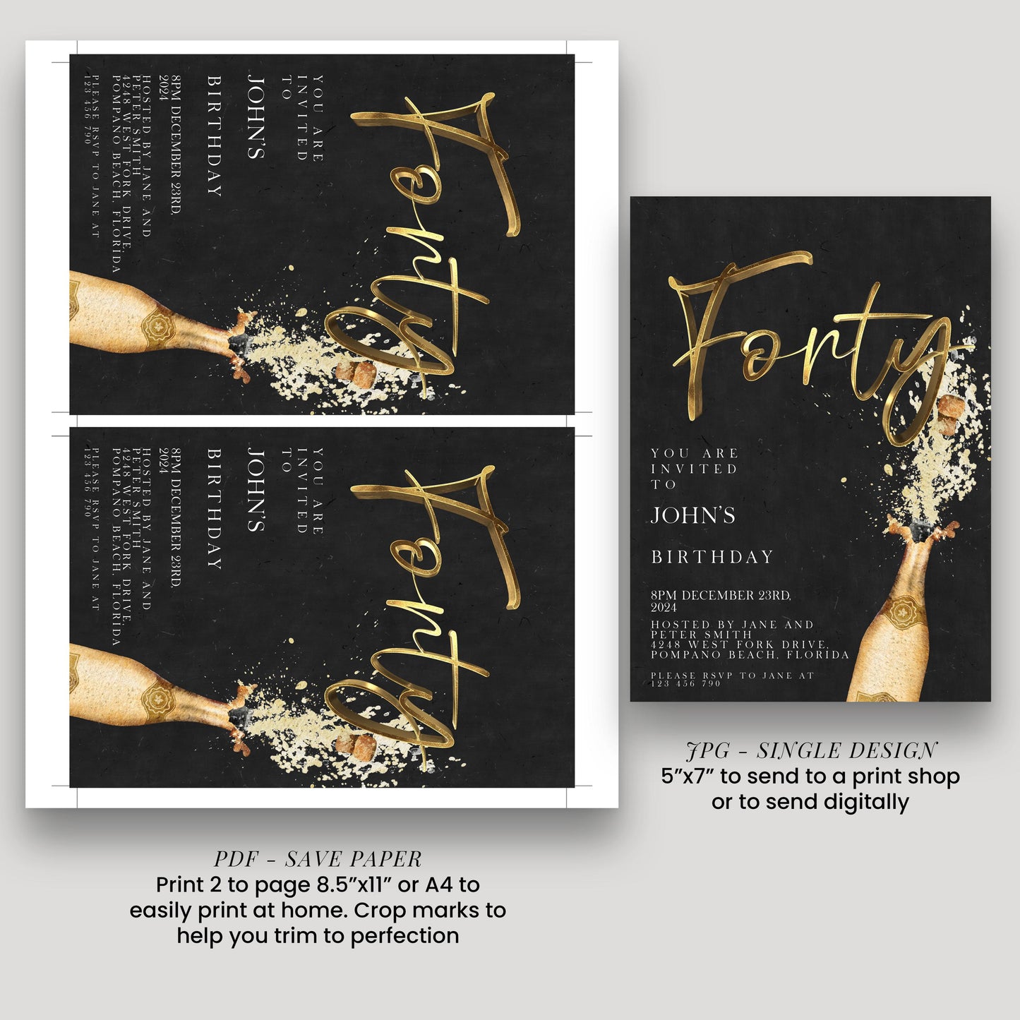 The image is a collage of two pages featuring a black background with gold text and champagne bottle graphics. The text on the pages is too small to read clearly, and there is no clear indication of the content or purpose of the image. The image does not contain any text that can be described in a clear and concise manner.