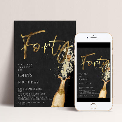 The image is a birthday invitation for John's 40th birthday, featuring a black background with gold text and champagne bottle graphics.