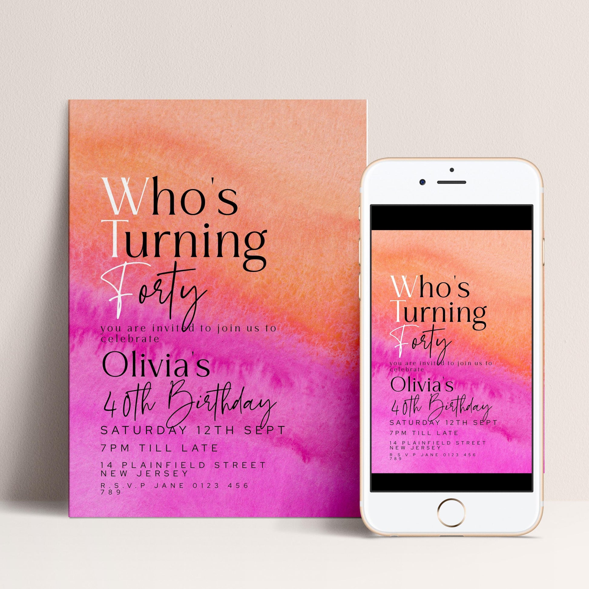 40th Birthday Invitation Who’s Turning Forty, Fun Modern Party Invite for Her, Pink Orange Birthday, Editable Template