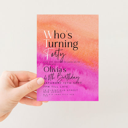 40th Birthday Invitation Who’s Turning Forty, Fun Modern Party Invite for Her, Pink Orange Birthday, Editable Template