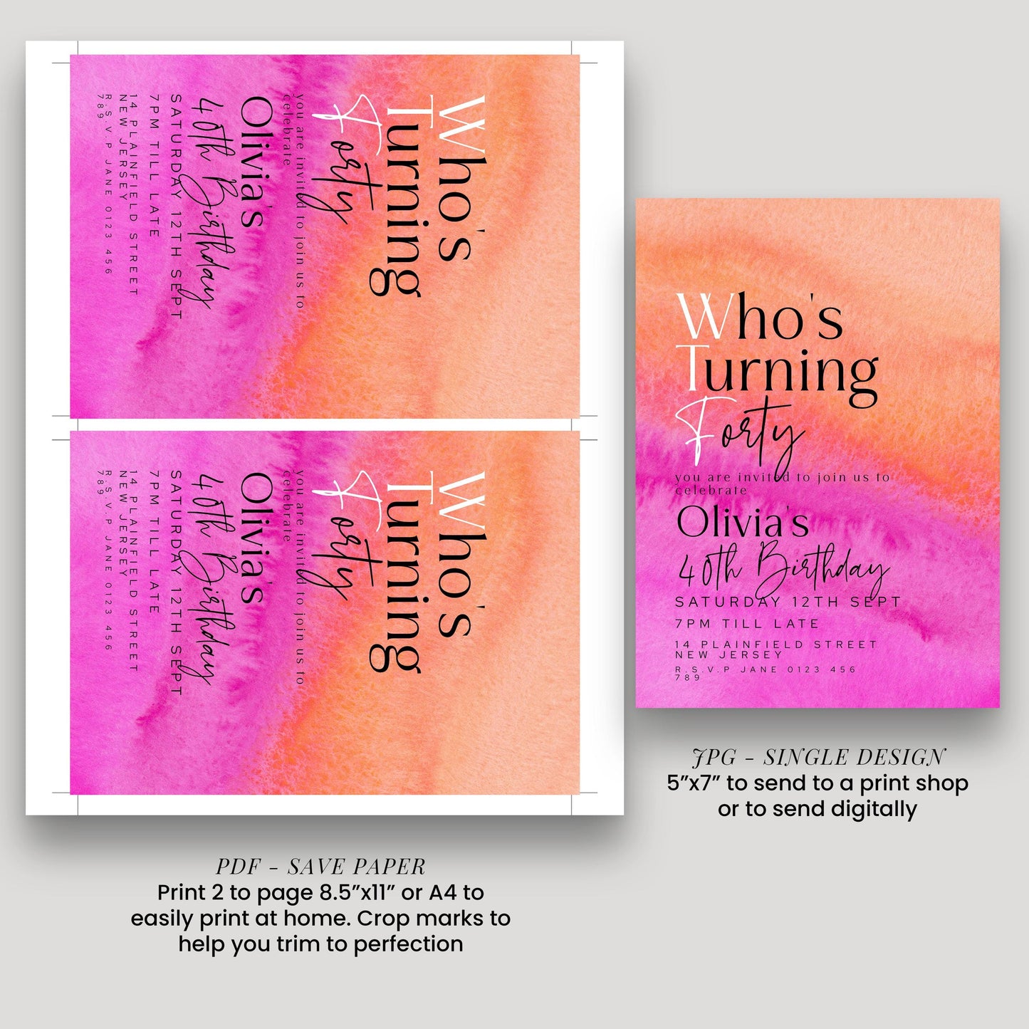 40th Birthday Invitation Who’s Turning Forty, Fun Modern Party Invite for Her, Pink Orange Birthday, Editable Template
