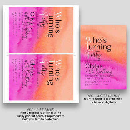 40th Birthday Invitation Who’s Turning Forty, Fun Modern Party Invite for Her, Pink Orange Birthday, Editable Template
