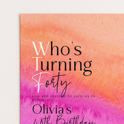 40th Birthday Invitation Who’s Turning Forty, Fun Modern Party Invite for Her, Pink Orange Birthday, Editable Template