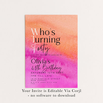 40th Birthday Invitation Who’s Turning Forty, Fun Modern Party Invite for Her, Pink Orange Birthday, Editable Template
