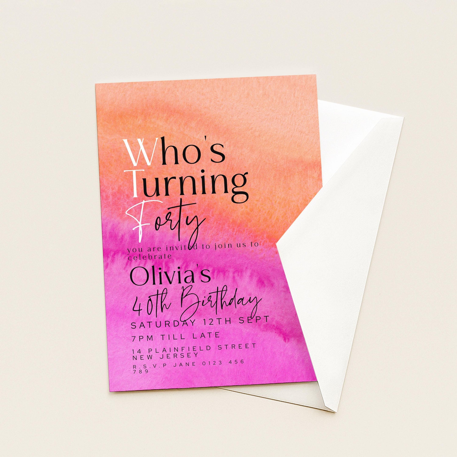 40th Birthday Invitation Who’s Turning Forty, Fun Modern Party Invite for Her, Pink Orange Birthday, Editable Template