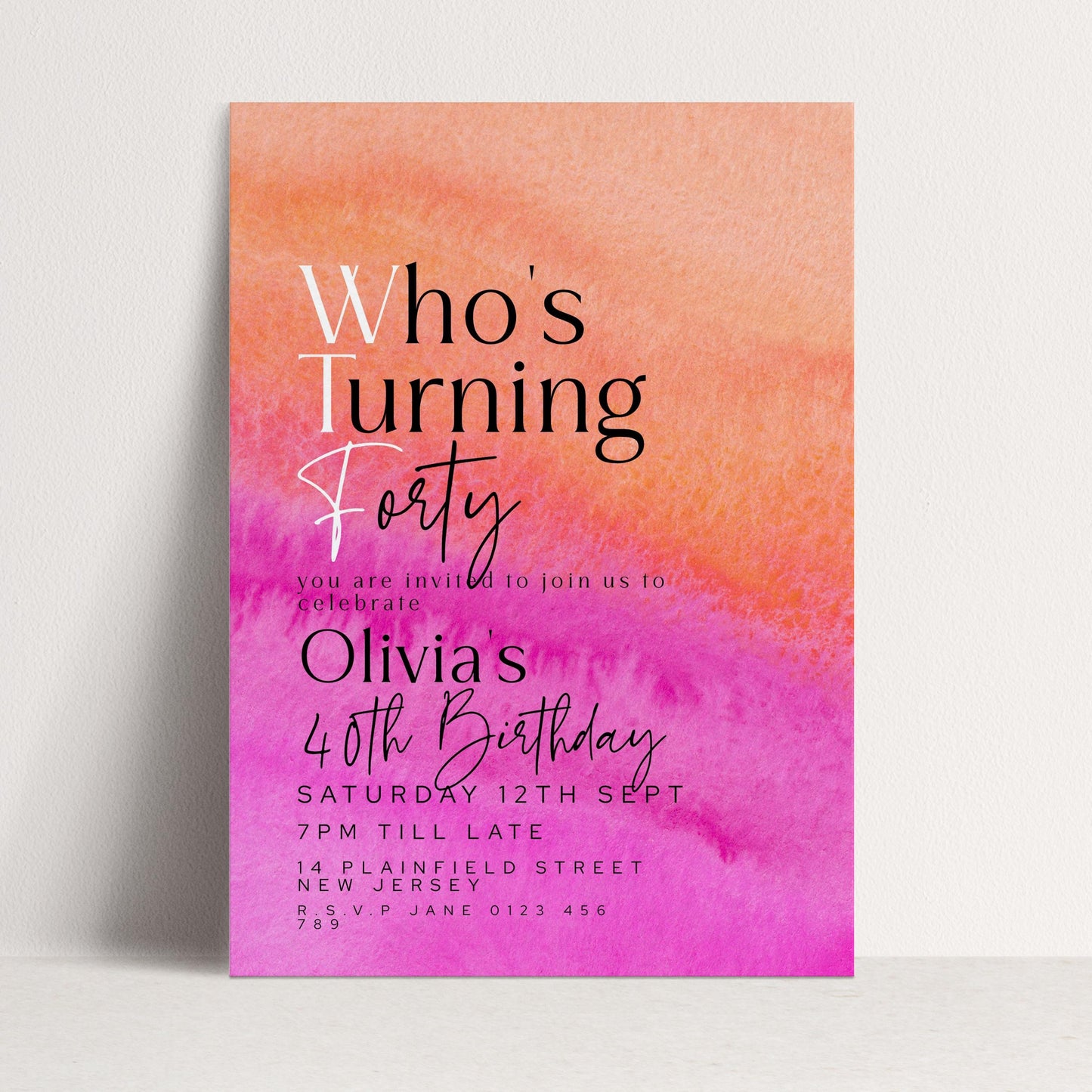 40th Birthday Invitation Who’s Turning Forty, Fun Modern Party Invite for Her, Pink Orange Birthday, Editable Template