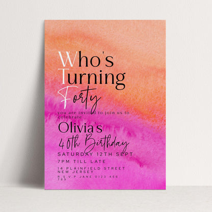 40th Birthday Invitation Who’s Turning Forty, Fun Modern Party Invite for Her, Pink Orange Birthday, Editable Template