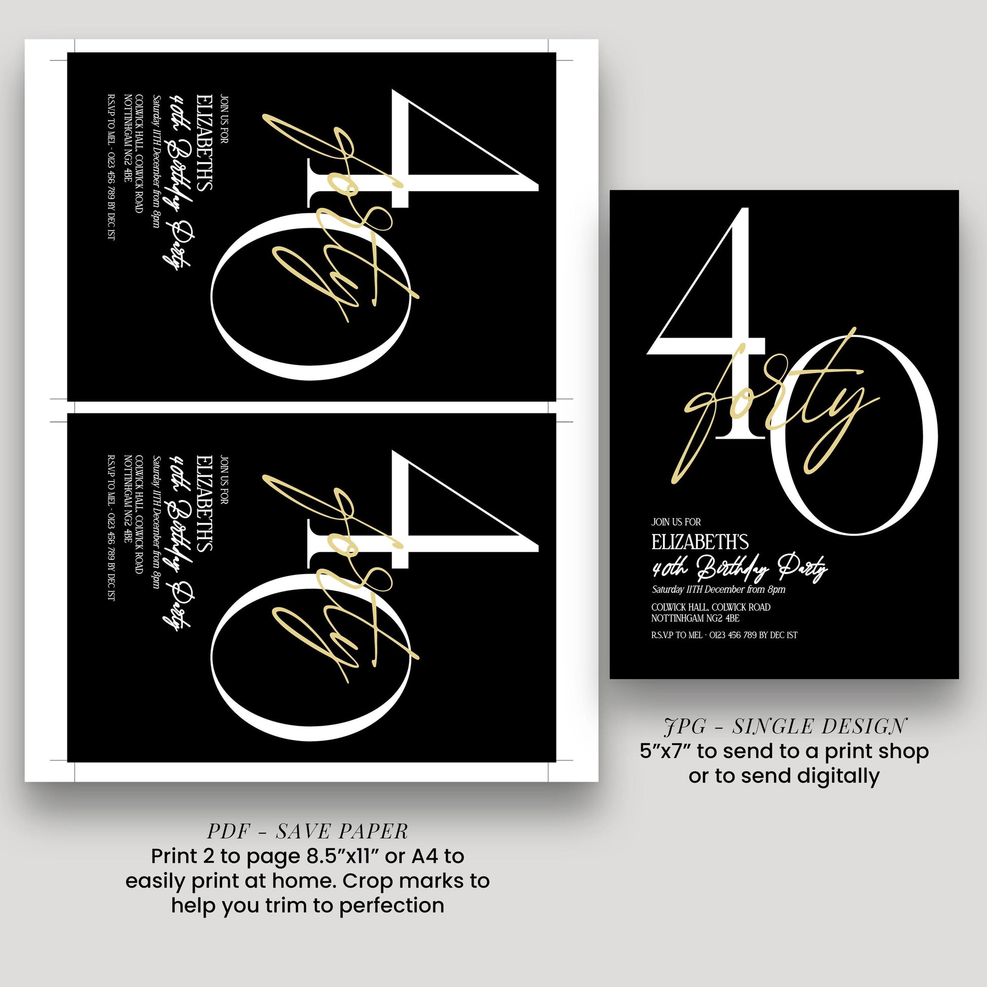 40th Birthday Invitation Woman, Black Gold Milestone Birthday Invite, Elegant 40 Party Invite, Modern Editable Corjl Template