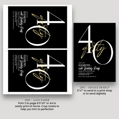 40th Birthday Invitation Woman, Black Gold Milestone Birthday Invite, Elegant 40 Party Invite, Modern Editable Corjl Template