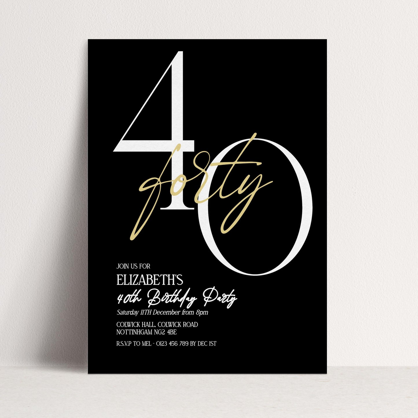 40th Birthday Invitation Woman, Black Gold Milestone Birthday Invite, Elegant 40 Party Invite, Modern Editable Corjl Template