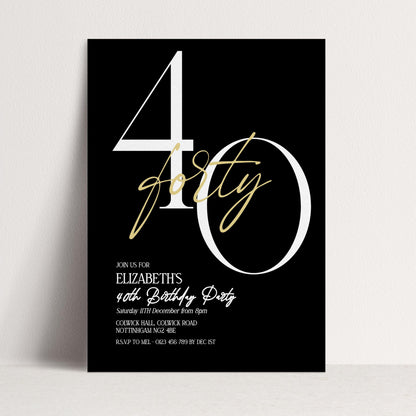 40th Birthday Invitation Woman, Black Gold Milestone Birthday Invite, Elegant 40 Party Invite, Modern Editable Corjl Template