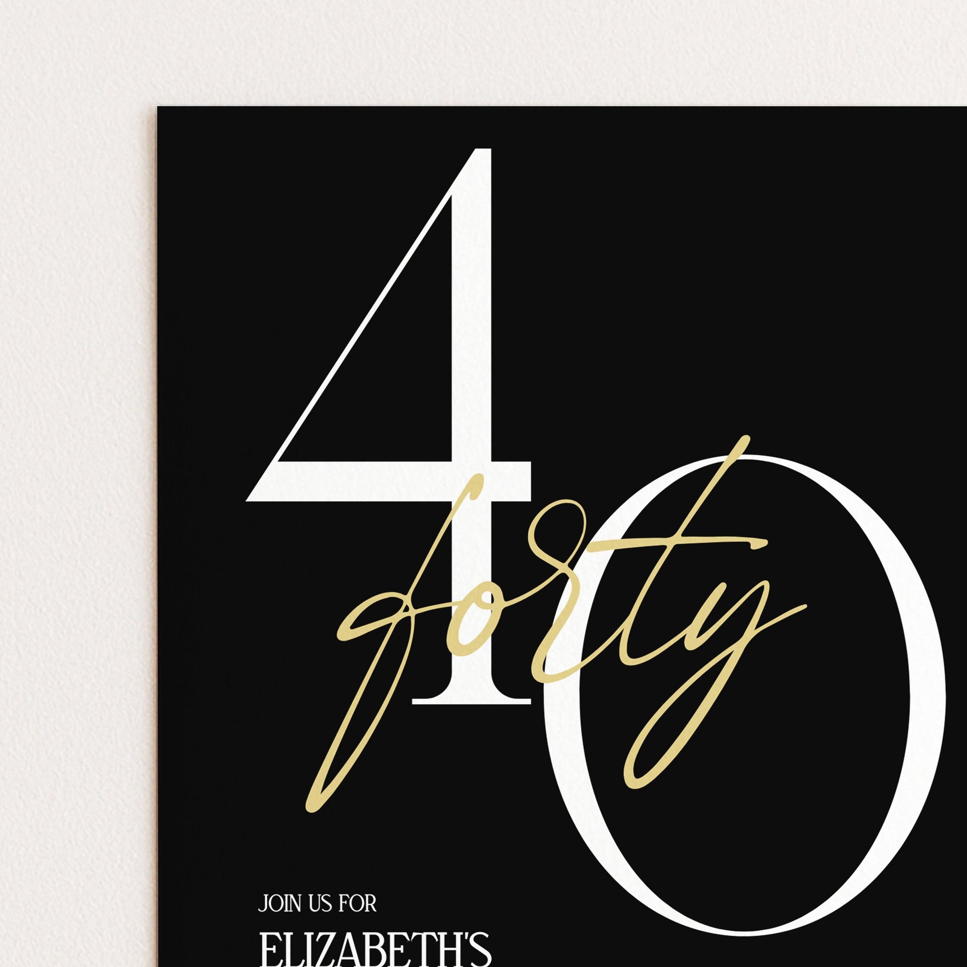40th Birthday Invitation Woman, Black Gold Milestone Birthday Invite, Elegant 40 Party Invite, Modern Editable Corjl Template