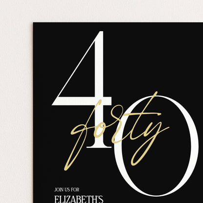 40th Birthday Invitation Woman, Black Gold Milestone Birthday Invite, Elegant 40 Party Invite, Modern Editable Corjl Template