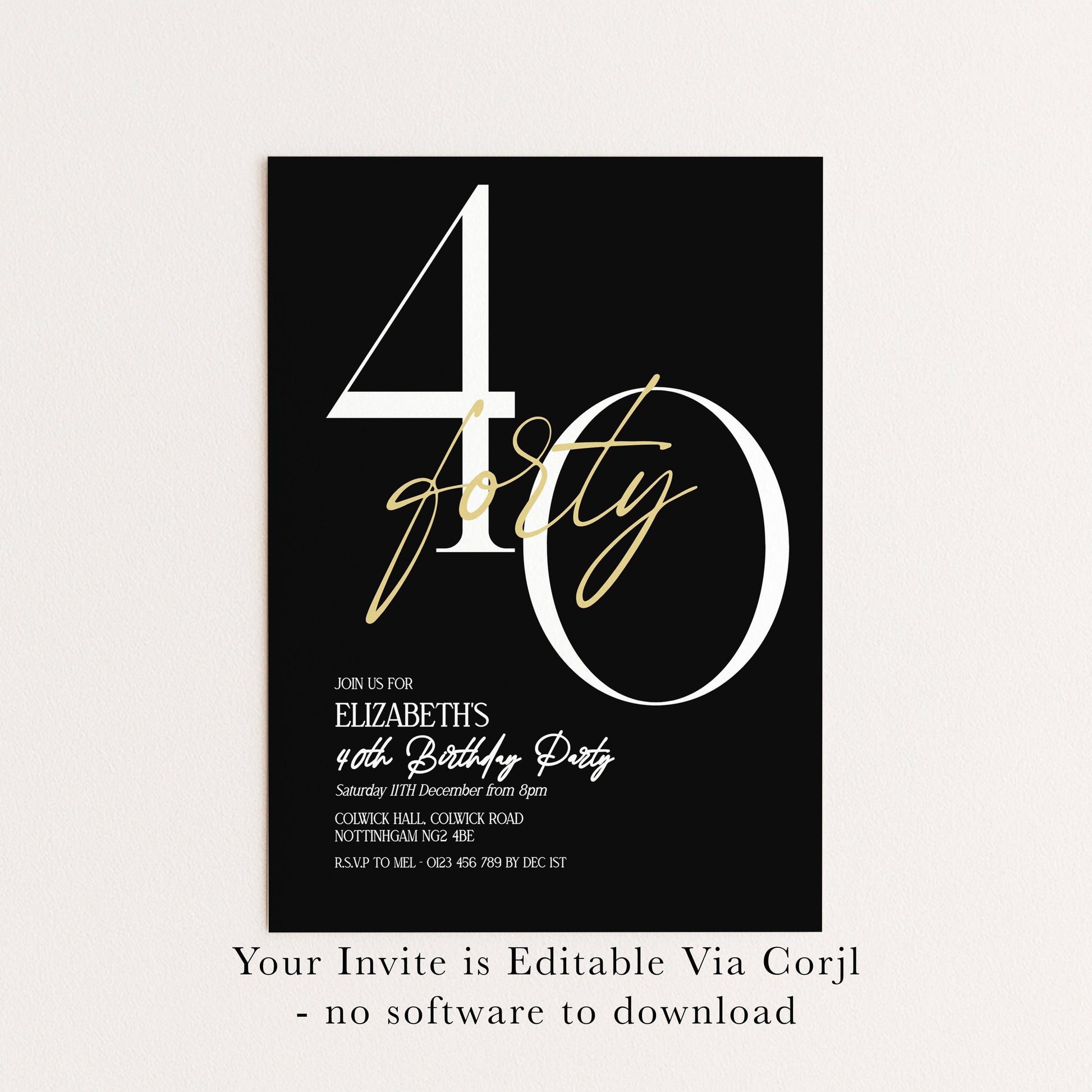 40th Birthday Invitation Woman, Black Gold Milestone Birthday Invite, Elegant 40 Party Invite, Modern Editable Corjl Template
