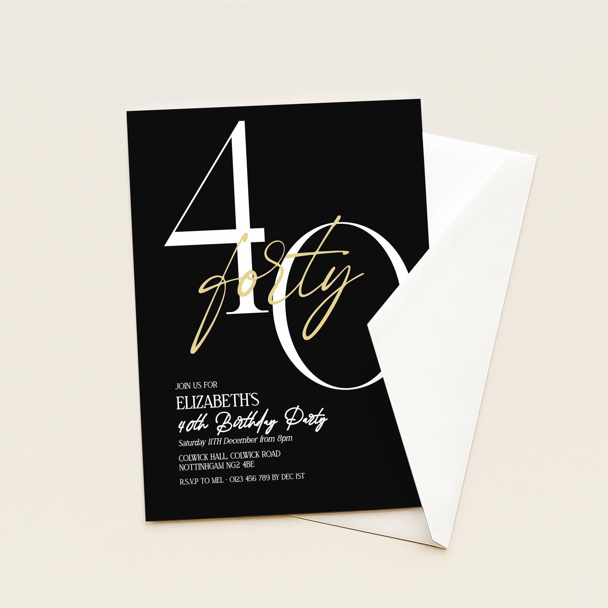 40th Birthday Invitation Woman, Black Gold Milestone Birthday Invite, Elegant 40 Party Invite, Modern Editable Corjl Template