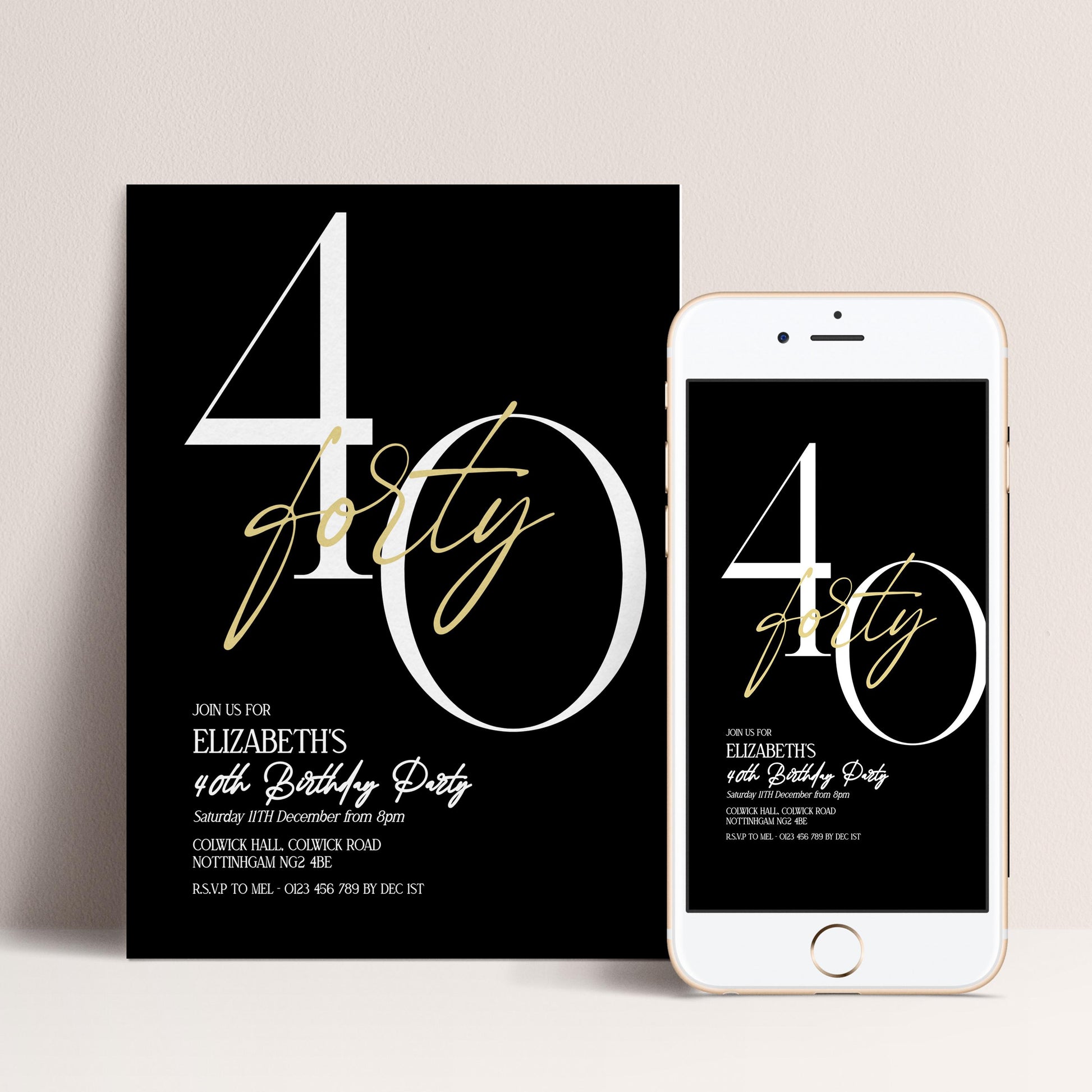 40th Birthday Invitation Woman, Black Gold Milestone Birthday Invite, Elegant 40 Party Invite, Modern Editable Corjl Template
