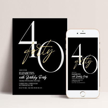 40th Birthday Invitation Woman, Black Gold Milestone Birthday Invite, Elegant 40 Party Invite, Modern Editable Corjl Template