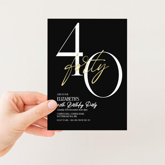 40th Birthday Invitation Woman, Black Gold Milestone Birthday Invite, Elegant 40 Party Invite, Modern Editable Corjl Template