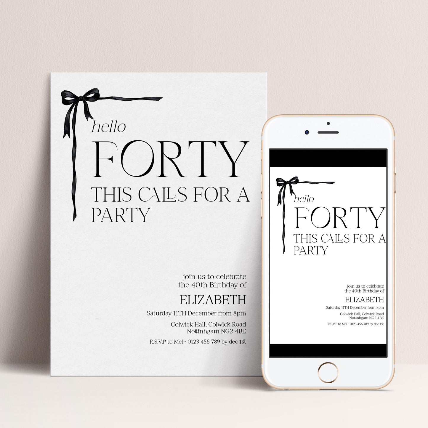40th Birthday Invitation Woman, Hello Forty Party Invite, Bow Birthday Invite, Editable Corjl Template