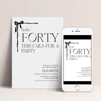 40th Birthday Invitation Woman, Hello Forty Party Invite, Bow Birthday Invite, Editable Corjl Template