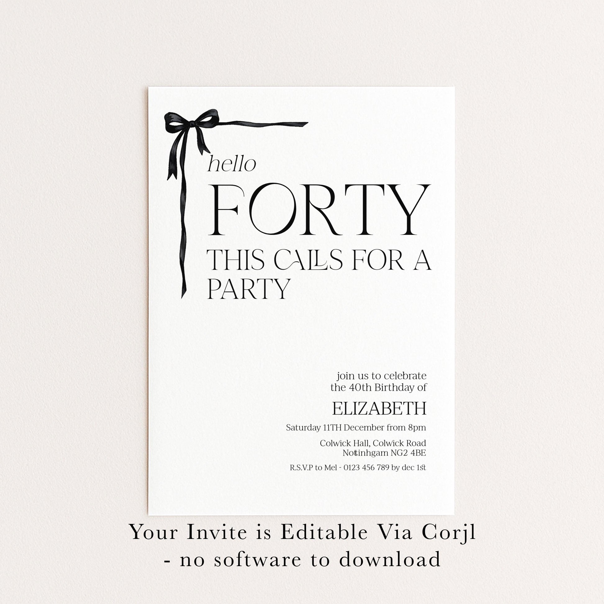 40th Birthday Invitation Woman, Hello Forty Party Invite, Bow Birthday Invite, Editable Corjl Template