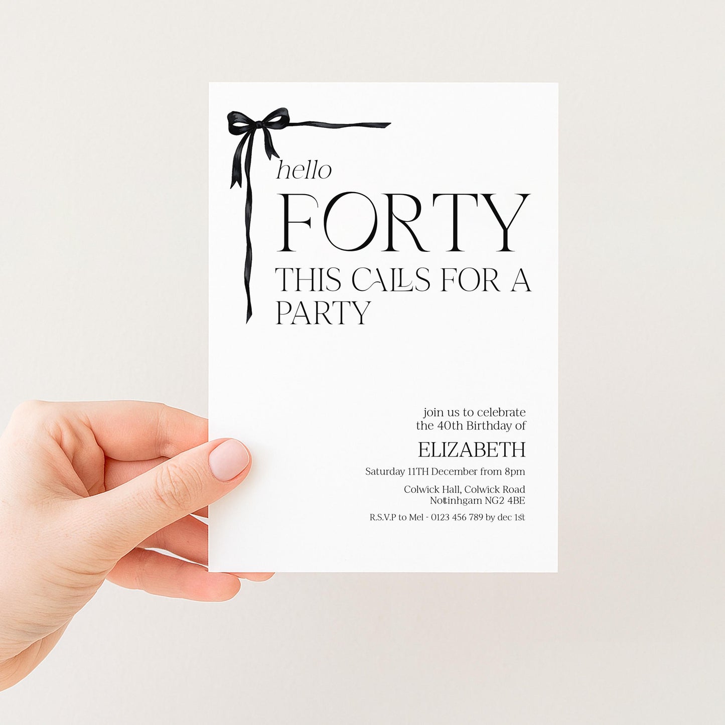 40th Birthday Invitation Woman, Hello Forty Party Invite, Bow Birthday Invite, Editable Corjl Template