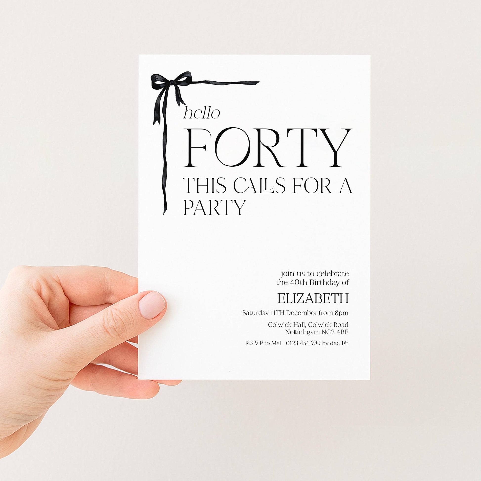 40th Birthday Invitation Woman, Hello Forty Party Invite, Bow Birthday Invite, Editable Corjl Template
