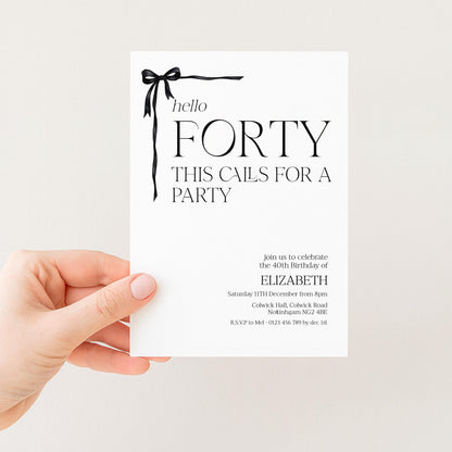 40th Birthday Invitation Woman, Hello Forty Party Invite, Bow Birthday Invite, Editable Corjl Template