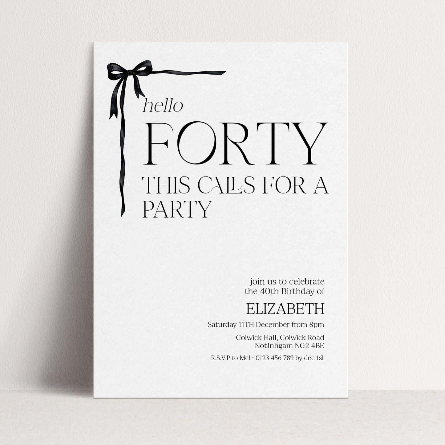 40th Birthday Invitation Woman, Hello Forty Party Invite, Bow Birthday Invite, Editable Corjl Template