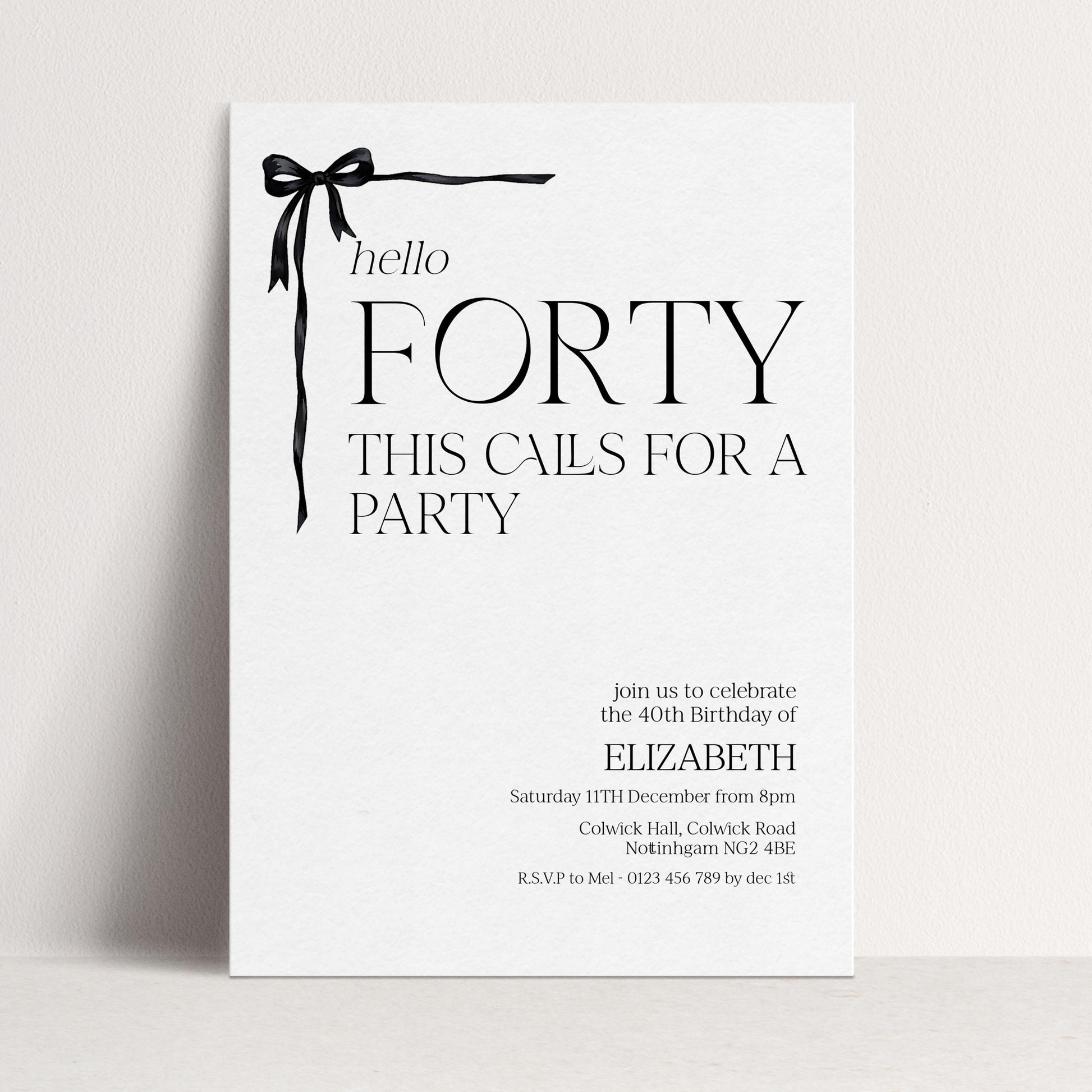40th Birthday Invitation Woman, Hello Forty Party Invite, Bow Birthday Invite, Editable Corjl Template