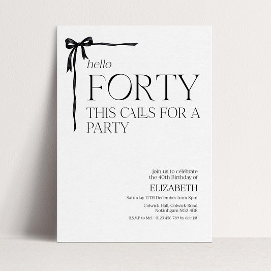 40th Birthday Invitation Woman, Hello Forty Party Invite, Bow Birthday Invite, Editable Corjl Template