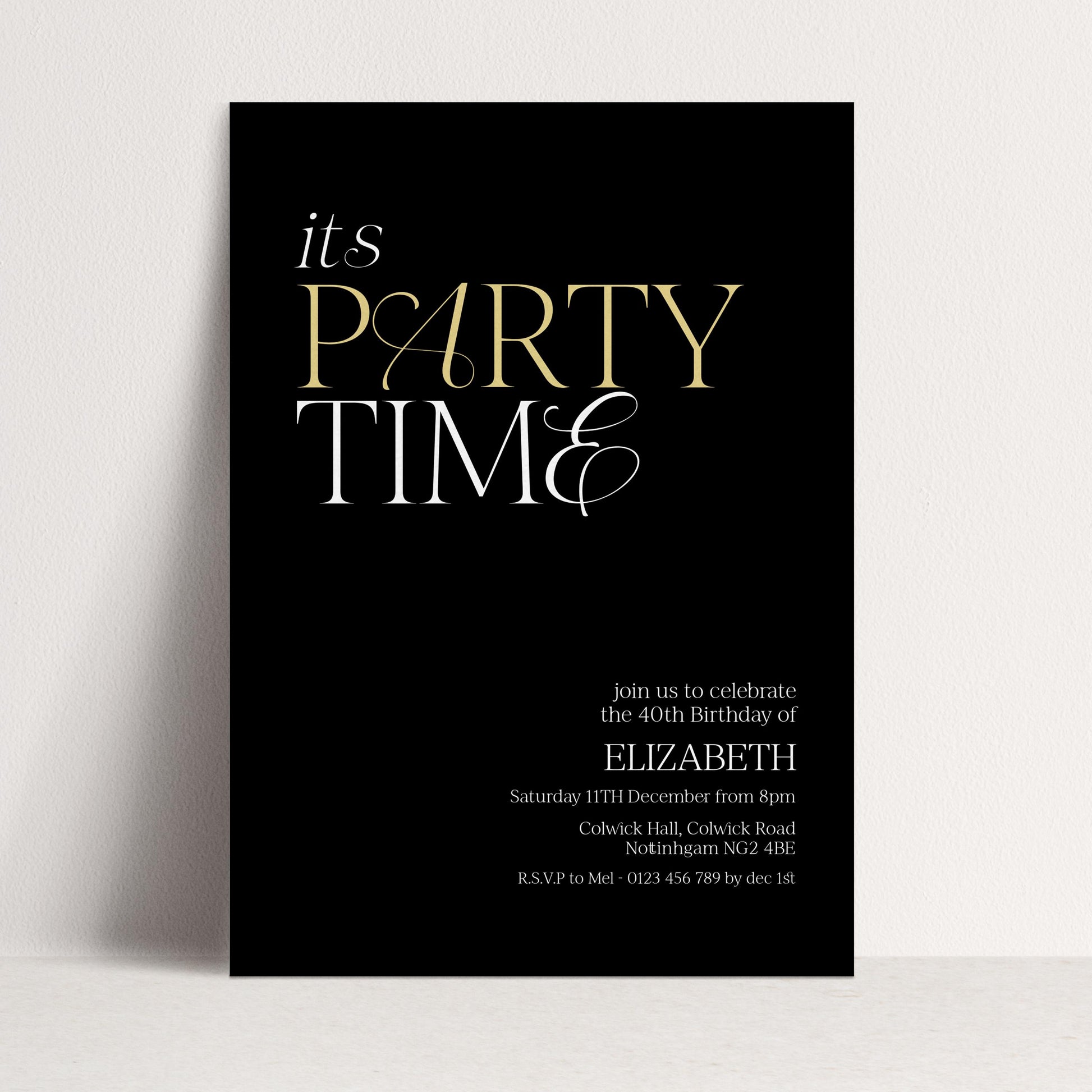 40th Birthday Invitation Woman, It’s Party Time Invite, Black Gold Birthday Invite, Modern Editable Corjl Template