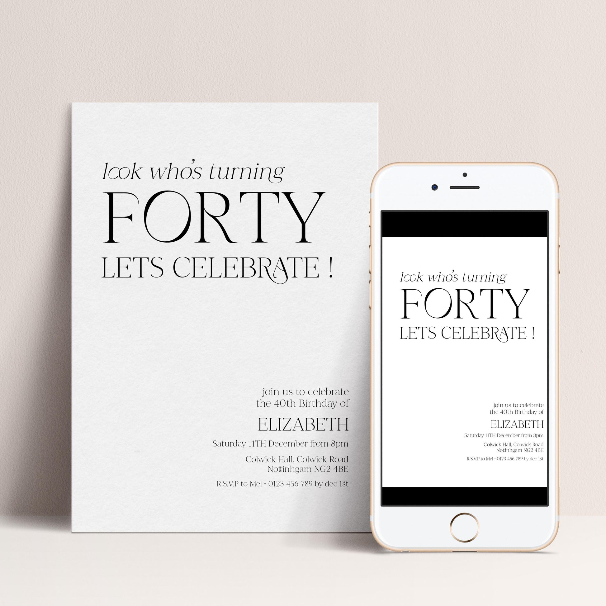 40th Birthday Invitation Woman, Look Who’s Turning Forty Invite, Black Gold Birthday Invite, Editable Corjl Template