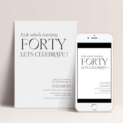 40th Birthday Invitation Woman, Look Who’s Turning Forty Invite, Black Gold Birthday Invite, Editable Corjl Template