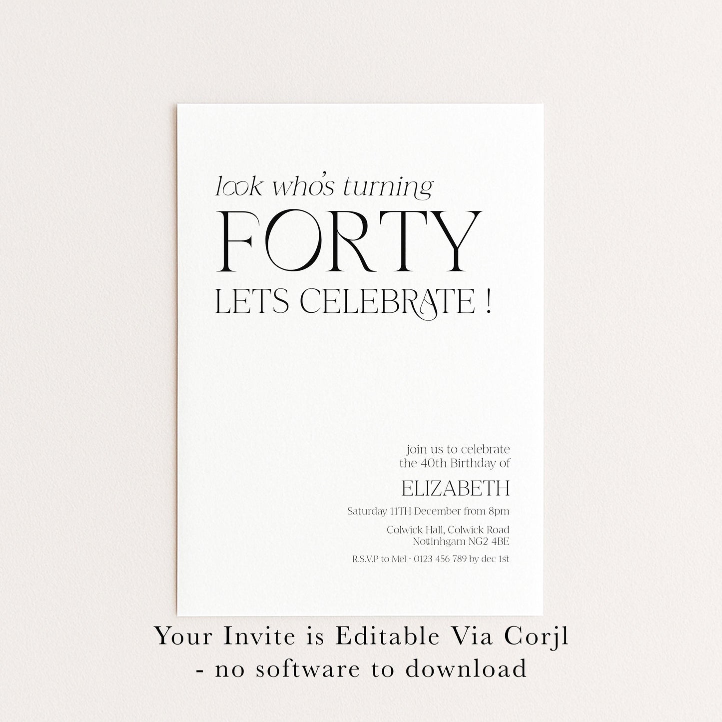 40th Birthday Invitation Woman, Look Who’s Turning Forty Invite, Black Gold Birthday Invite, Editable Corjl Template