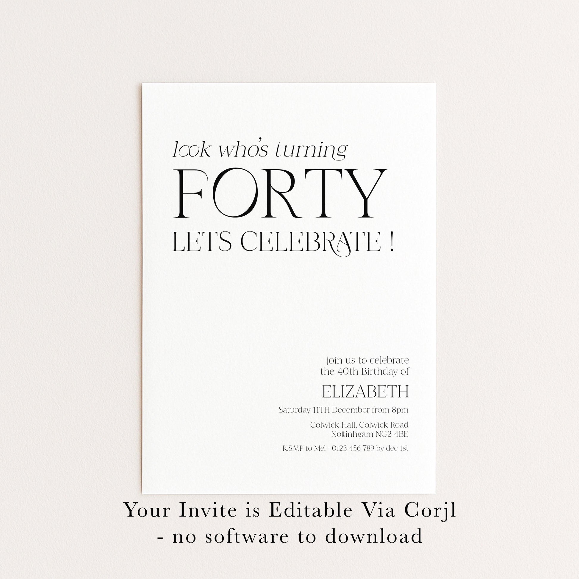 40th Birthday Invitation Woman, Look Who’s Turning Forty Invite, Black Gold Birthday Invite, Editable Corjl Template