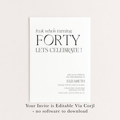 40th Birthday Invitation Woman, Look Who’s Turning Forty Invite, Black Gold Birthday Invite, Editable Corjl Template