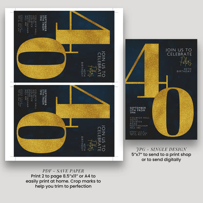 40th Birthday Invitation for Men Black Gold Editable Forty For Him Boys Men Template Corjl Instant Download
