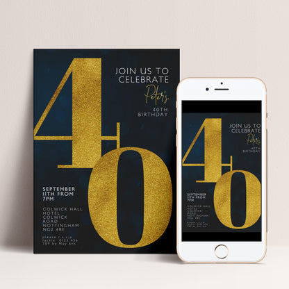 40th Birthday Invitation for Men Black Gold Editable Forty For Him Boys Men Template Corjl Instant Download